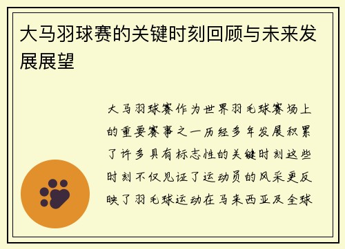大马羽球赛的关键时刻回顾与未来发展展望