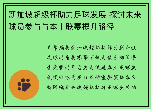 新加坡超级杯助力足球发展 探讨未来球员参与与本土联赛提升路径